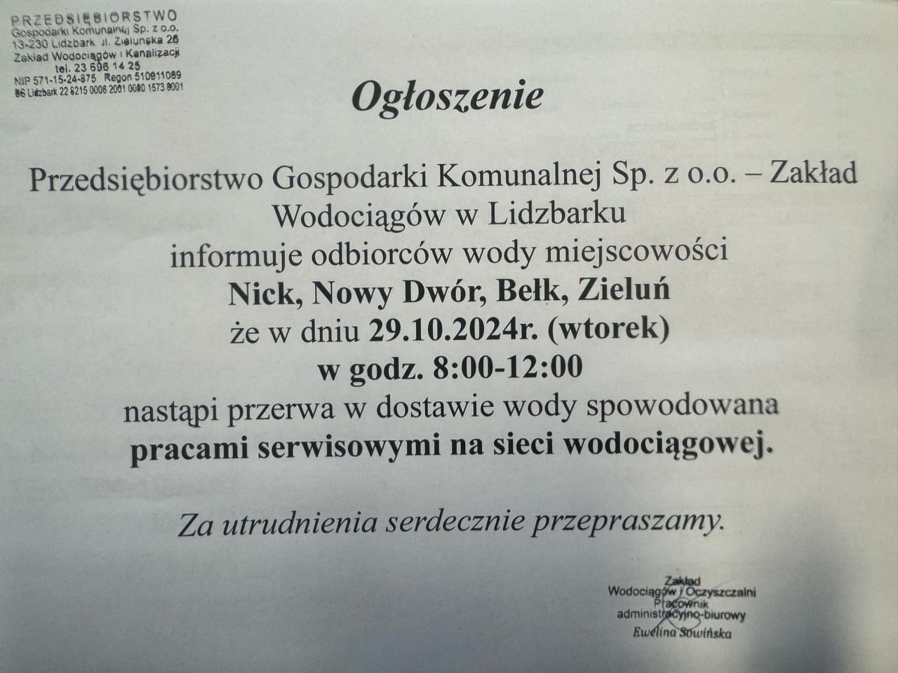 Informacja o przerwie w dostawie wody