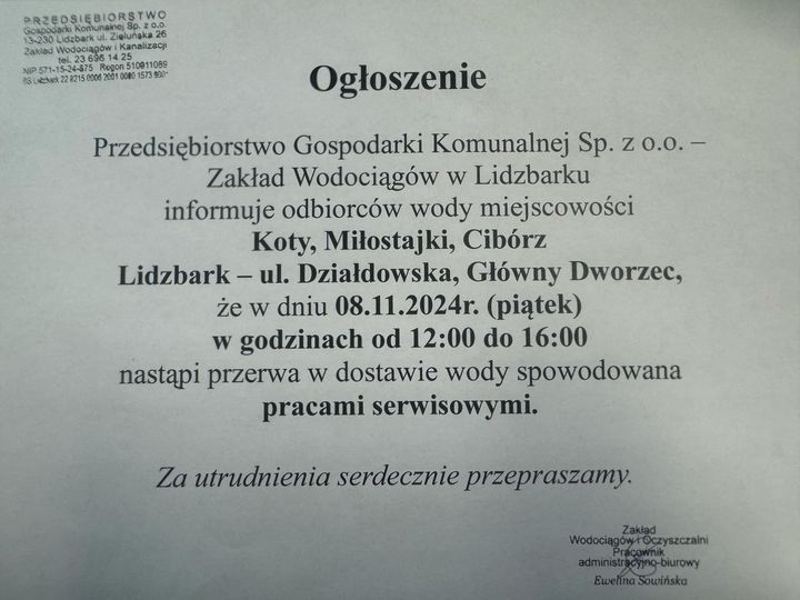 Informacja o przerwie w dostawie wody