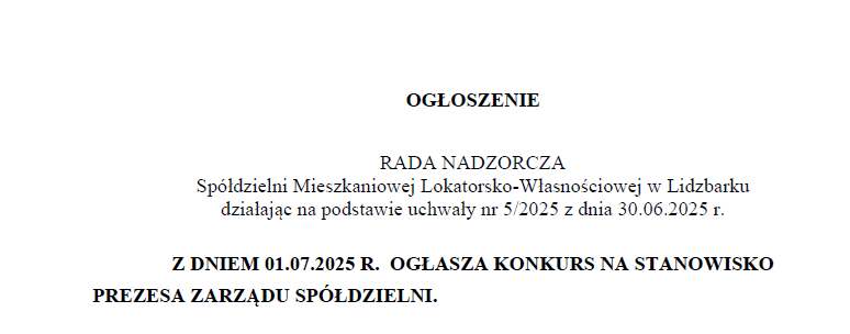 Konkurs na stanowisko Prezesa Zarządu Spółdzielni Mieszkaniowej Lokatorsko - Własnościowej w Lidzbarku